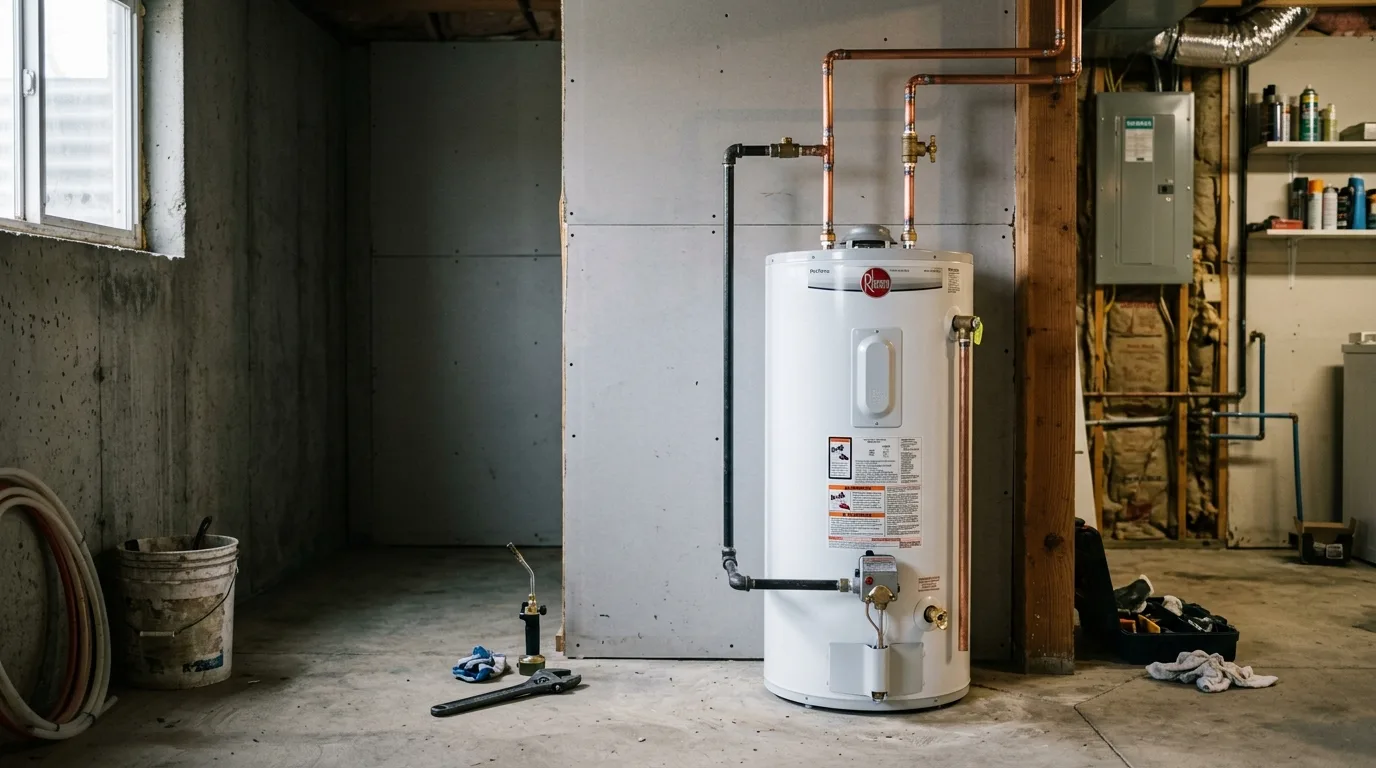 A new white gas water heater in an unfinished basement utility corner, fresh copper supply lines with bright soldered joints, a new brass dr
