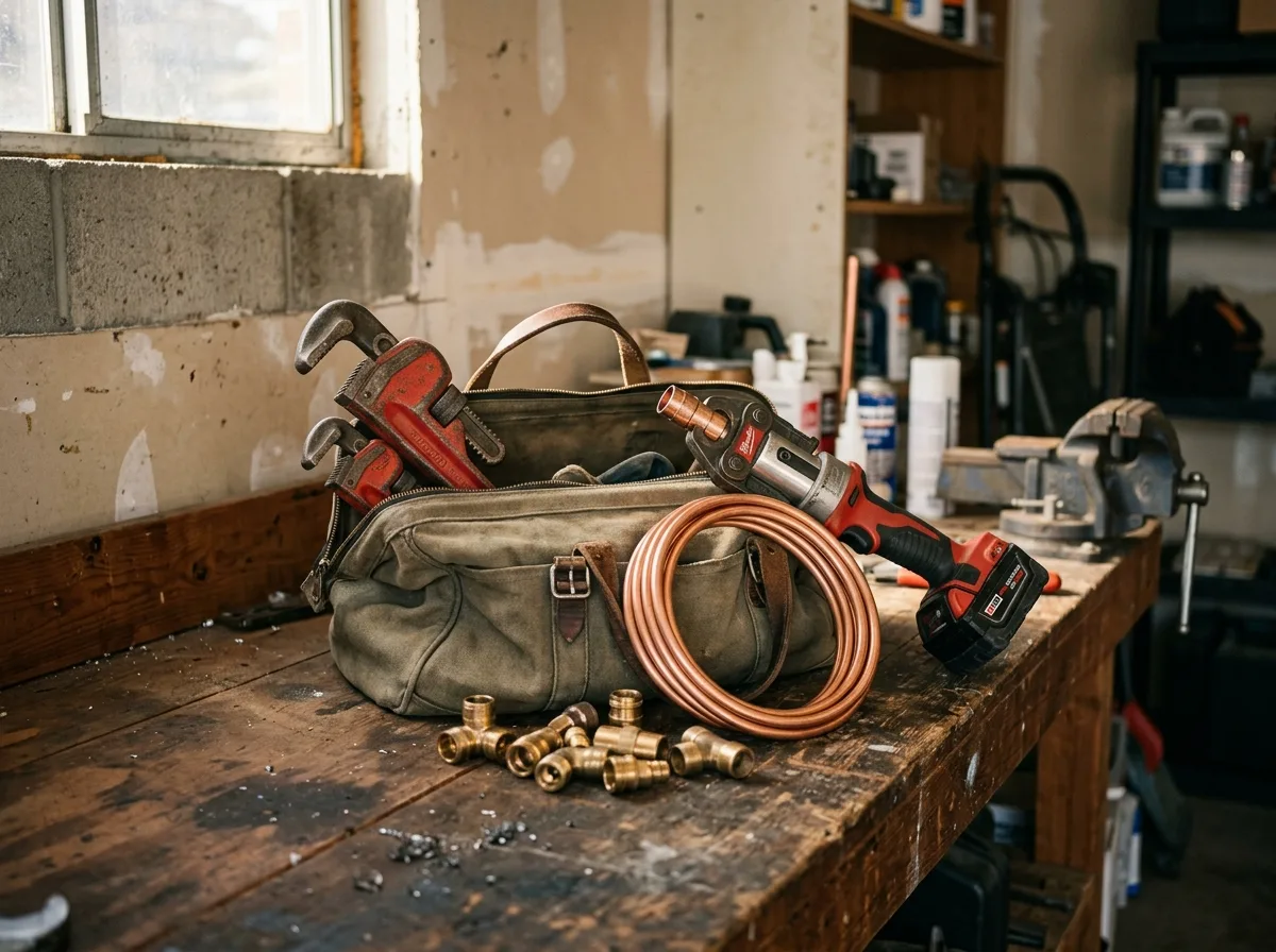 An open canvas tool bag on a garage workbench: two pipe wrenches, a press tool, a coil of copper and a handful of brass fittings, morning su