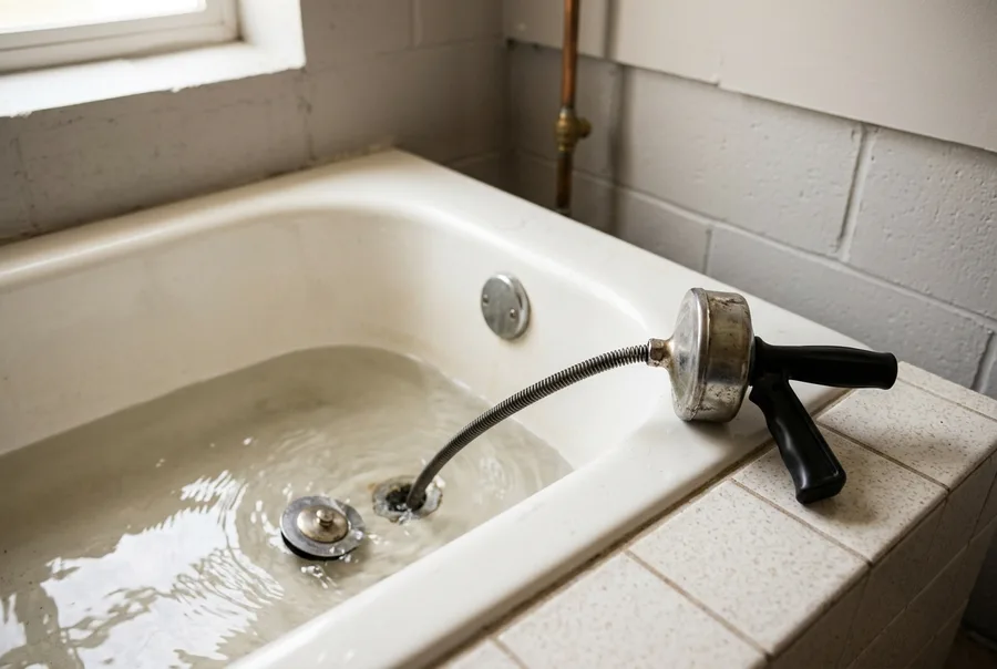 Medium: a bathtub drain with the stopper pulled, a hand drain auger resting on the tub edge, water just starting to swirl down