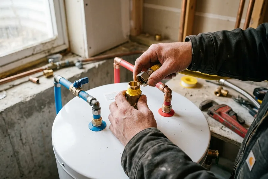 Detail: hands threading a flexible gas connector onto the top of a new white water heater, yellow thread tape on the fitting