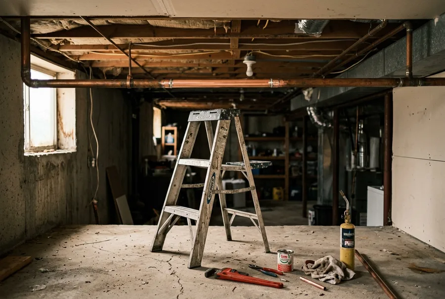 Wide: a basement ceiling run of copper pipe with one freshly soldered repair section shining brighter than the dull line around it, a stepla