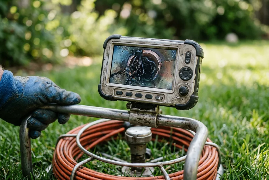 Detail: a small monitor on a camera reel showing tree roots pushing into a clay sewer joint, the reel and coiled cable blurred behind on the