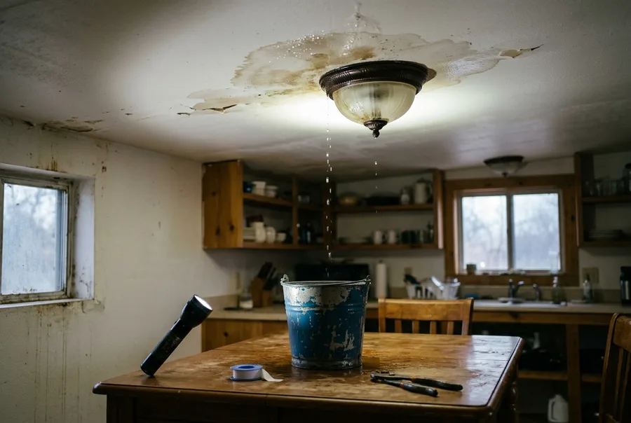 Medium: a ceiling stain spreading around a light fixture above a kitchen table, a bucket on the table catching a drip, a flashlight beam aim
